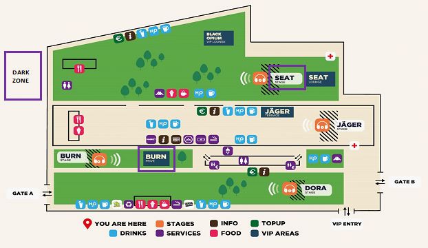 Map of festival area with dark zone indicated